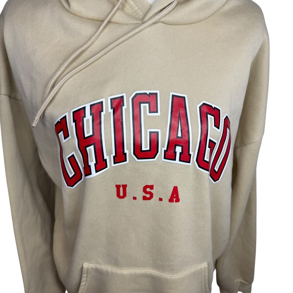 Chicago USA Oversized Hoodie Womens XL Cream Beige Graphic Pullover - Picture 3 of 5